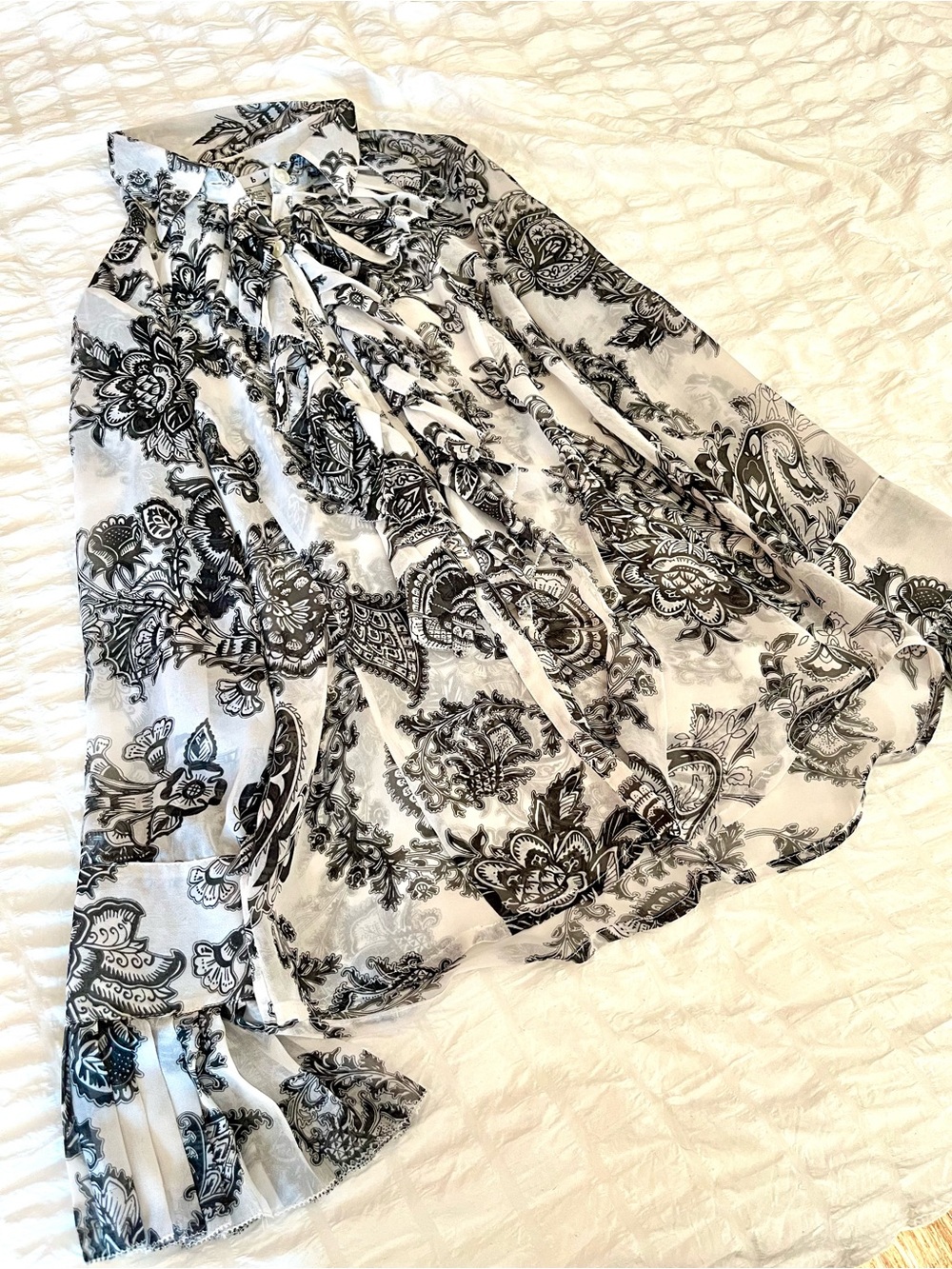 Black & White Paisley Print Ruffled Blouse
